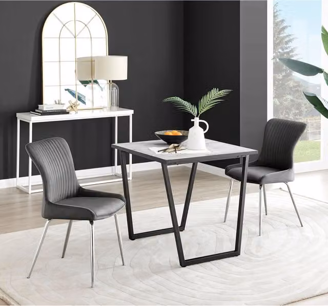 FurnitureboxUK Carson White Marble Effect Square Dining Table and 2 Nora Silver Leg Chairs in Dark Grey