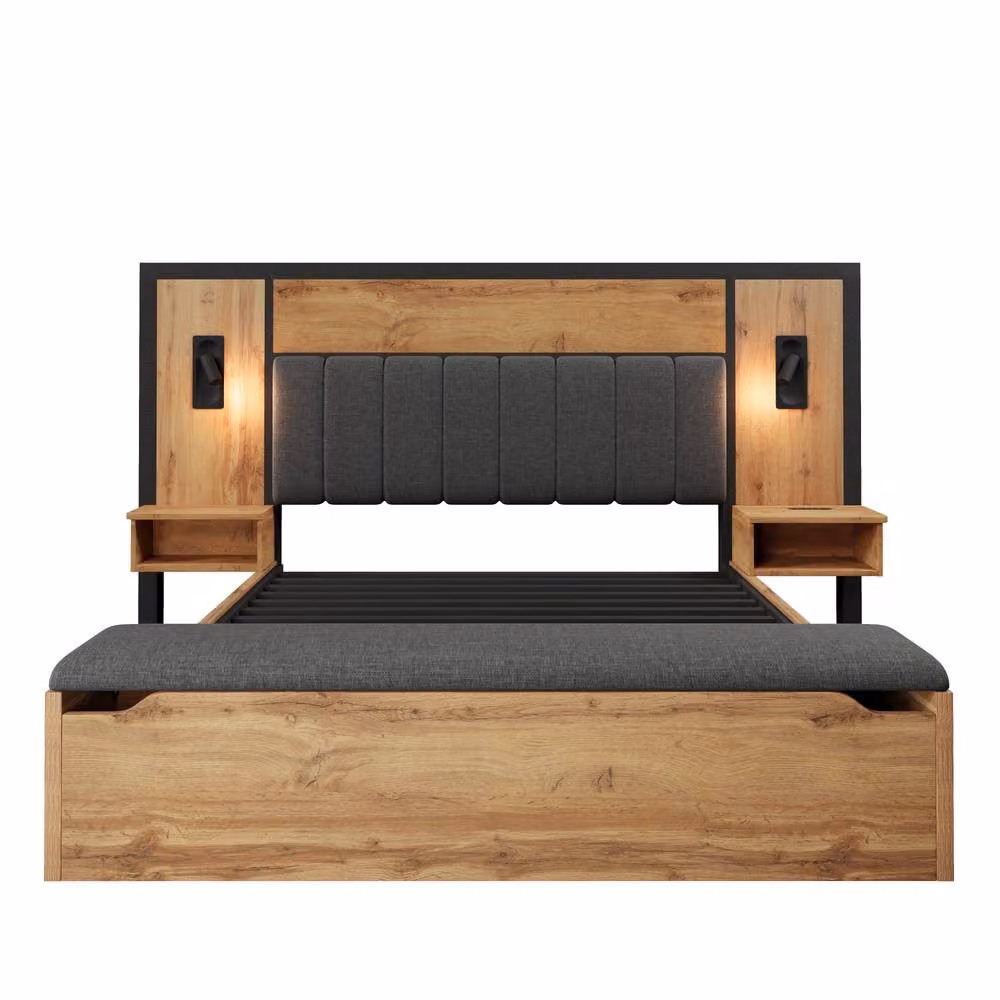 Merax Oak King Upholstered Bed in Grey with Lift-Up Storage, Integrated Reading Lights, Bedside Shelf and USB Charging Port, W/D/H: 150 x 200 cm – 8