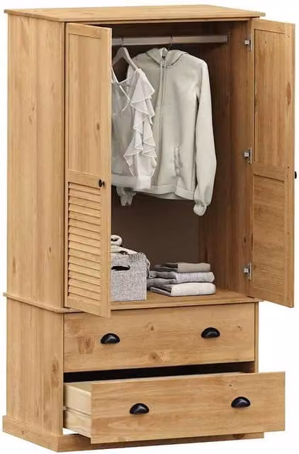 Berkfield Home VIGO Wardrobe in Brown Waxed Solid Pine with Integrated Drawers, W/D/H: 90 x 55 x 176 cm