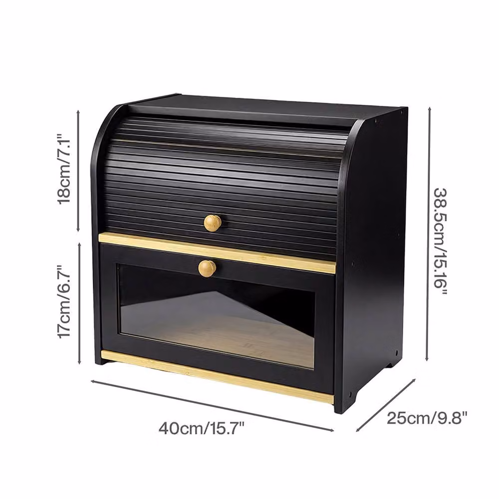 Toque 2-Tier Large Capacity Roll Top Bread Box in Black Bamboo with Acrylic Door, W: 40.0 cm, D: 27.5 cm, H: 38.5 cm – 4