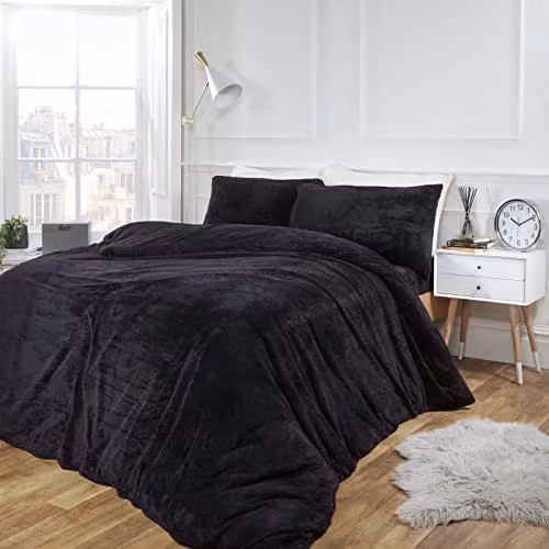 Brentfords Teddy Fleece Superking Duvet Cover Set in Black, including Duvet Cover 200 x 200 cm and Pillowcases 50 x 75 cm – 6