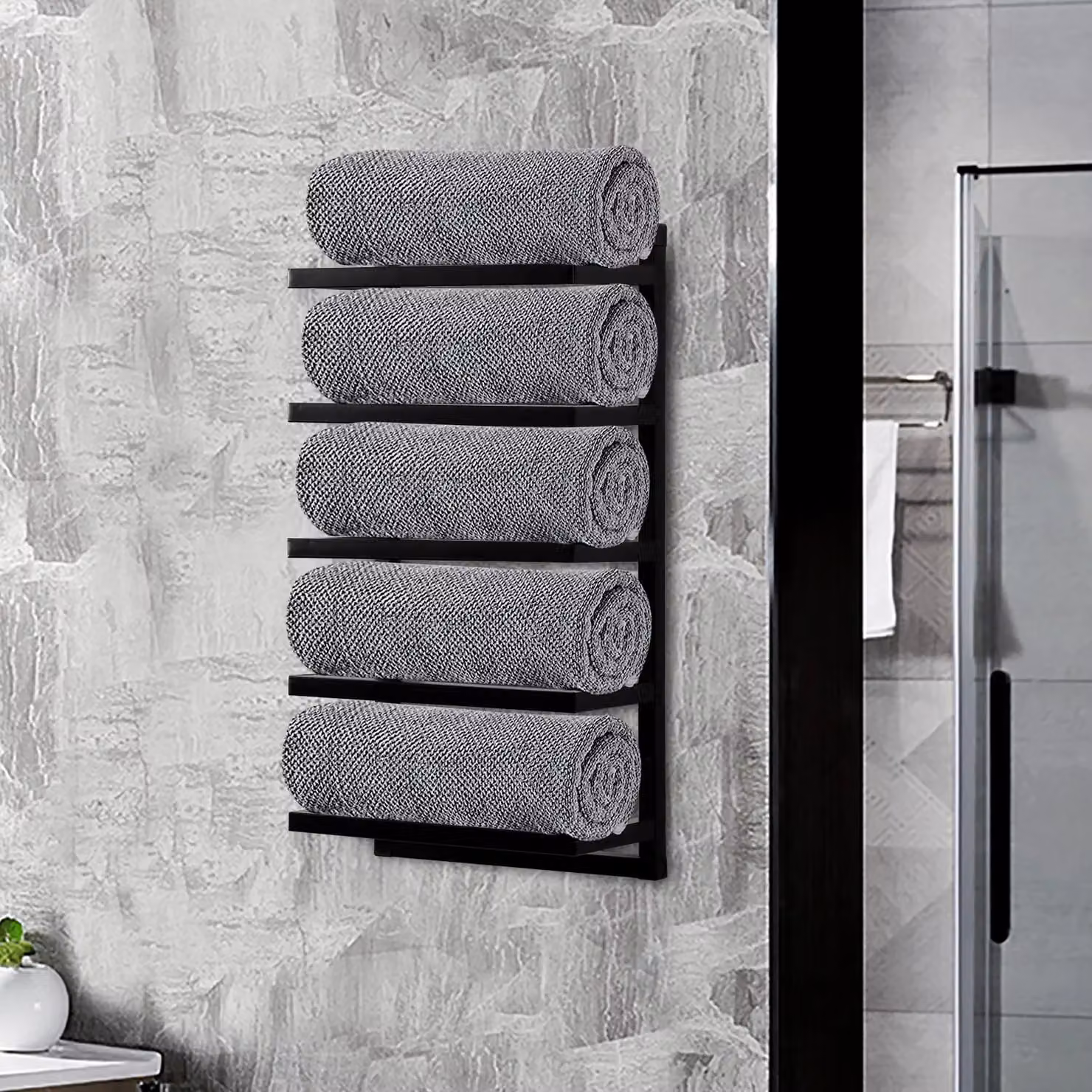 House of Home 5 Tier Wall Mounted Metal Towel Holder Rack in Matt Black – 4