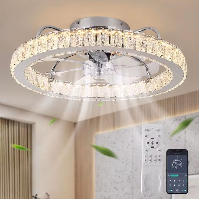 Garwarm LED Dimmable Crystal Semi Flush Mount Ceiling Fan in White and Chrome with Remote Control – 1