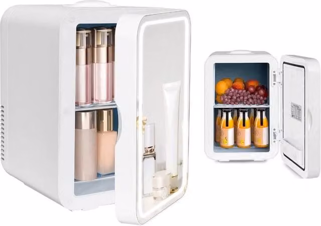 FLAVORA 8L Portable Mini Fridge and Warmer with LED Interior Light and Mirror in White, W/D/H: 15 x 15 x 100 cm