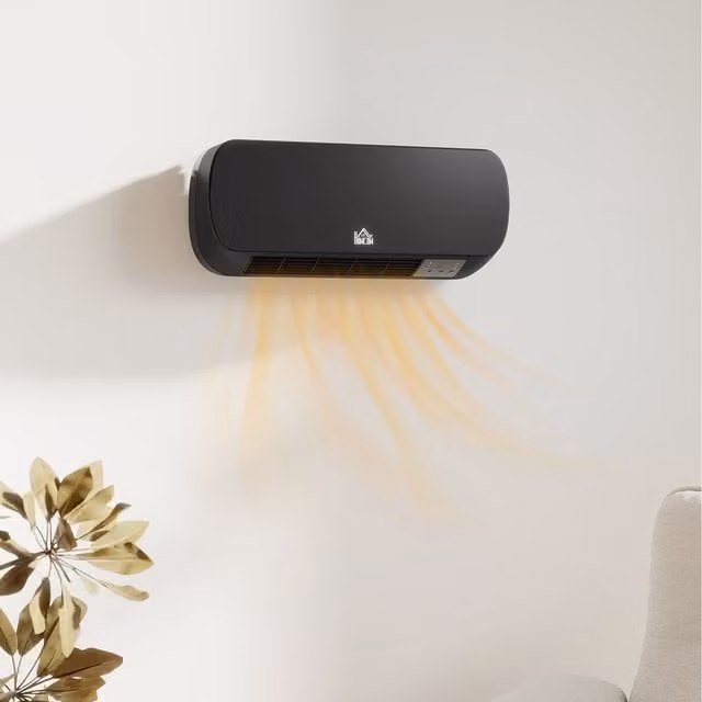 HOMCOM Black Wall Mounted Ceramic Fan Electric Heater with Timer, Overheat Protection and Remote Control