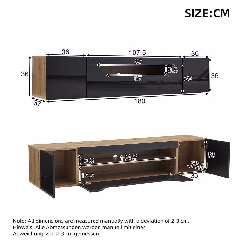 BTM Black High Gloss Floating Wall Mounted TV Stand with LED, W: 180 cm, D: 37 cm, H: 37 cm – 3