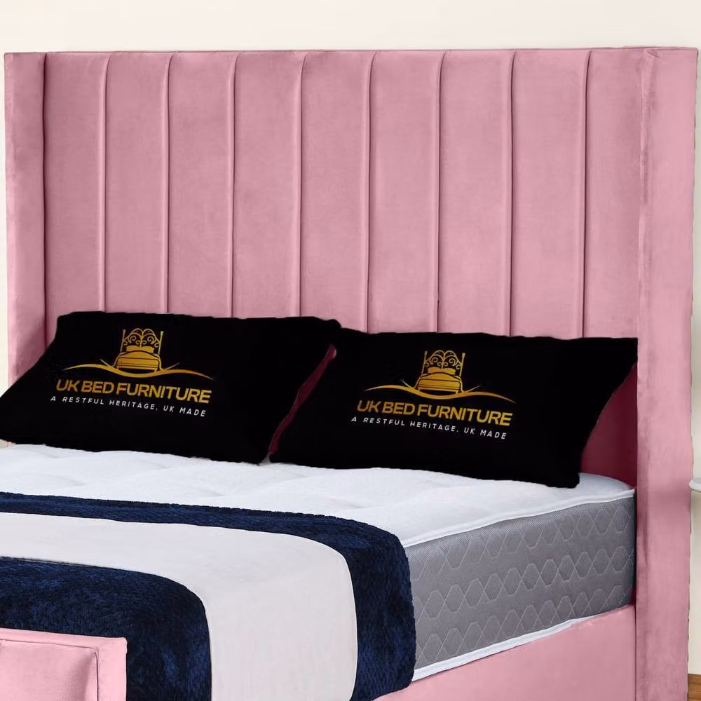 UK Bed Furniture Empire Winged Gas Lift Ottoman Upholstered Bed in Pink Velvet, Double (140 x 200 cm) – 2