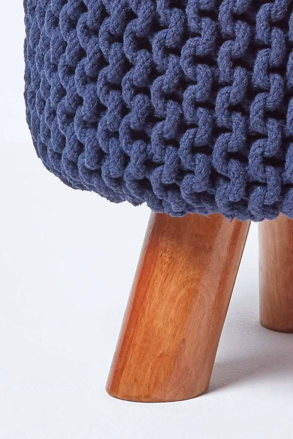 Homescapes Tall Navy Blue Cotton Knitted Footstool with Wood Frame – 3