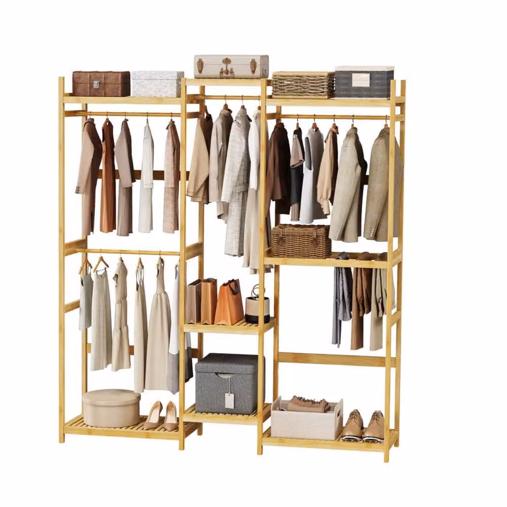 Pirlo Plush Large Wooden Clothes Rack Open Wardrobe with Storage Shelves in Beige – 3