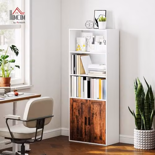 HOMCOM 5-Tier Rustic Brown Bookcase with 2 Doors and Open Shelves – 2