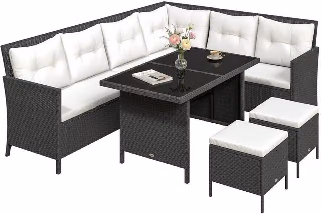 Outsunny 6 Piece L-Shape Rattan Garden Furniture Set with Ottoman and Coffee Table, Black and Grey – 9