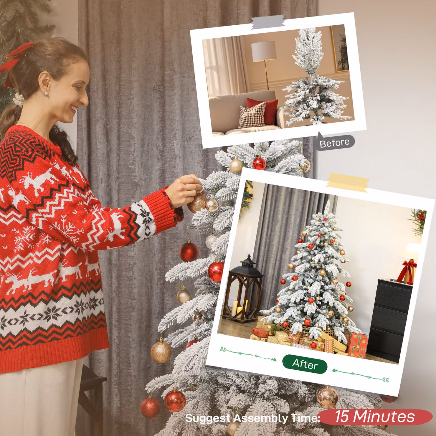 HOMCOM 5ft Super Flocked Christmas Tree in Green and White – 6