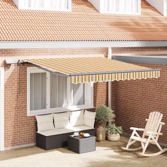 Berkfield Home Manual Retractable Striped Awning with Multicolour LED, Yellow, W: 350 cm, D: 250 cm