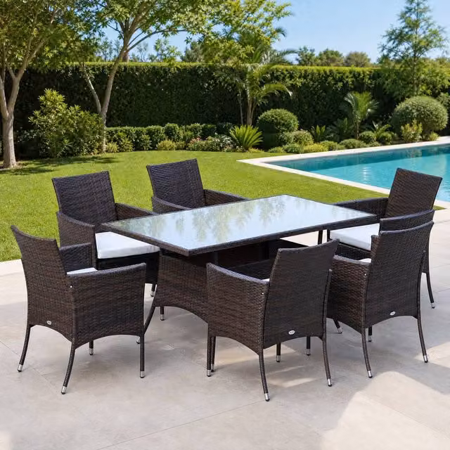 STILVORA 6-Seater Modern Garden Dining Set with Rectangular Rattan Table and Powder Coated Steel Frame in Brown – 1