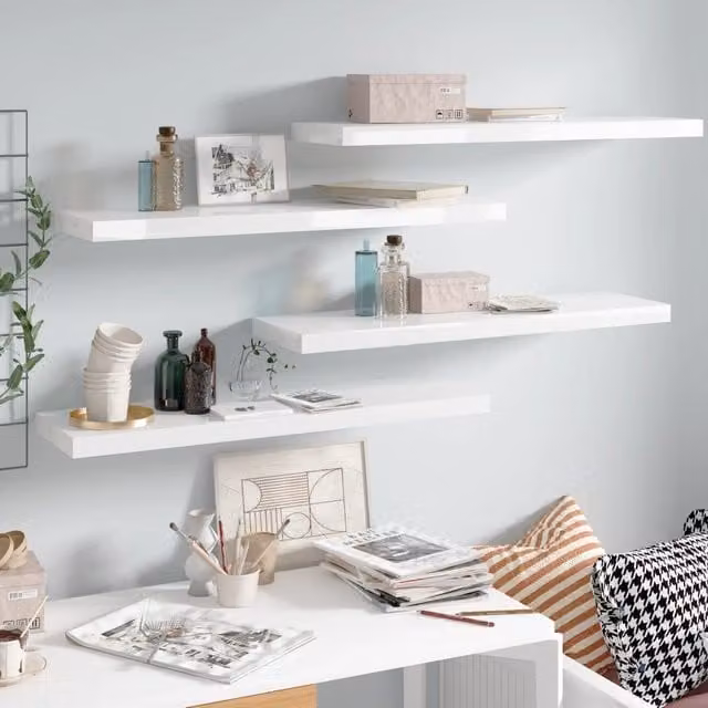 Berkfield Home Set of 4 Floating Wall Shelves in High Gloss White, W/D/H: 90 x 23.5 x 4 cm