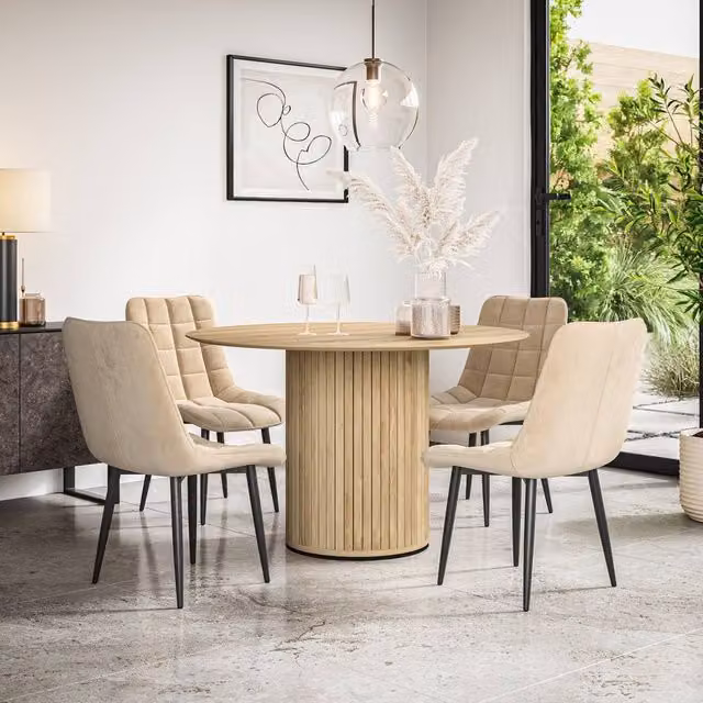 More4Homes Arlo Oak Round Dining Table and Nova Beige Velvet Dining Chairs Set of 4, W: 120 cm, H: 75 cm – 1