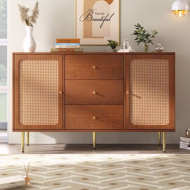 HomeTouch Rattan Sideboard with Drawers in Brown Walnut Effect with Gold Accents, W/D/H: 150 x 40 x 90 cm