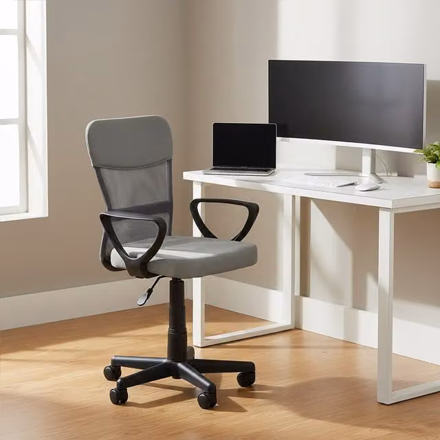 Orsina Ergonomic Swivel Home Office Chair in Grey and Silver Fabric