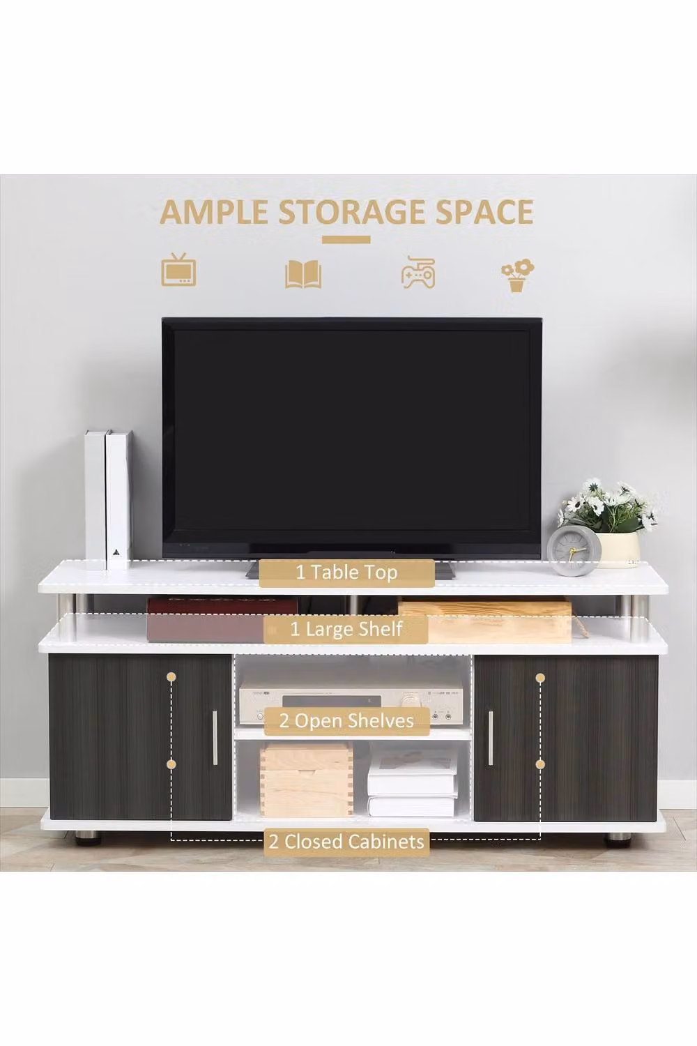 ERGOVEXA Modern White TV Cabinet Unit with Storage Shelf and Media Compartments, W/D/H: 120 x 40 x 52.2 cm – 2