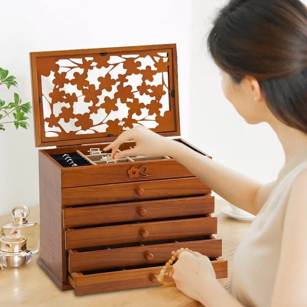 FORGEVIO Large 6 Tier Wooden Jewellery Storage Box in Brown, Width: 50 cm – 2