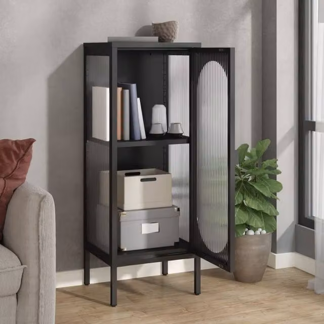 Berkfield Home Modern Black Sideboard in Glass and Steel, W/D/H: 40 x 35 x 105 cm – 1