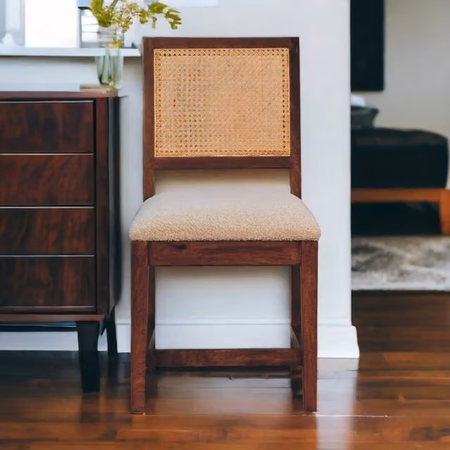 Artisan Furniture Mango Wood and Rattan Dining Chair in Brown and Cream Bouclé