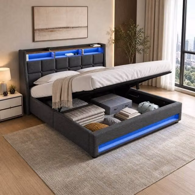 STILVORA Grey Upholstered King Size Bed with LED Lighting, USB Charging Ports and Bedside Shelf, W/D/H: 150 x 200 x 117 cm