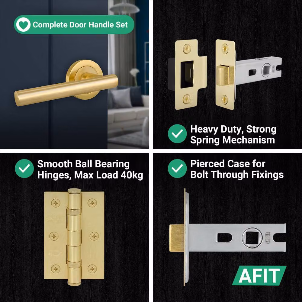 AFIT Satin Brass T-Bar Handle, Latch and Rosette Set in Gold, 100mm – 5