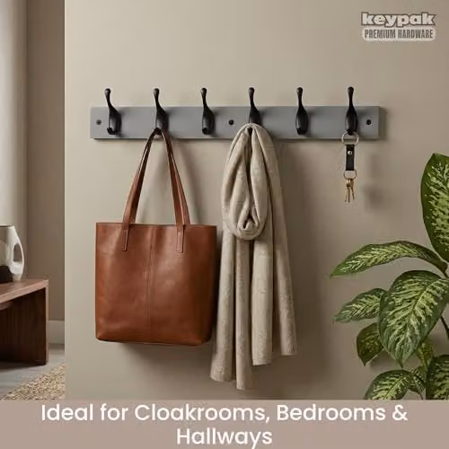 Keypak 6 Matte Black Metal Coat Hooks on a Grey Wooden Board, Width: 68 cm – 3