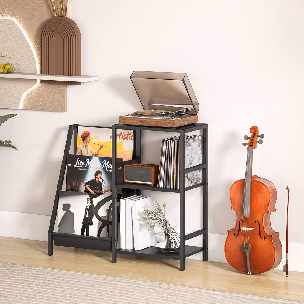 ERGOVEXA 3-Tier Industrial Record Player Stand in Black Metal and Wood – 3