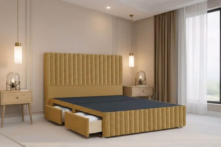Chester & Oakley Ravello Plush Velvet Divan Bed with 2 Drawers and 54 inch Headboard in Yellow, W/D/H: 120 x 200 x 137.16 cm