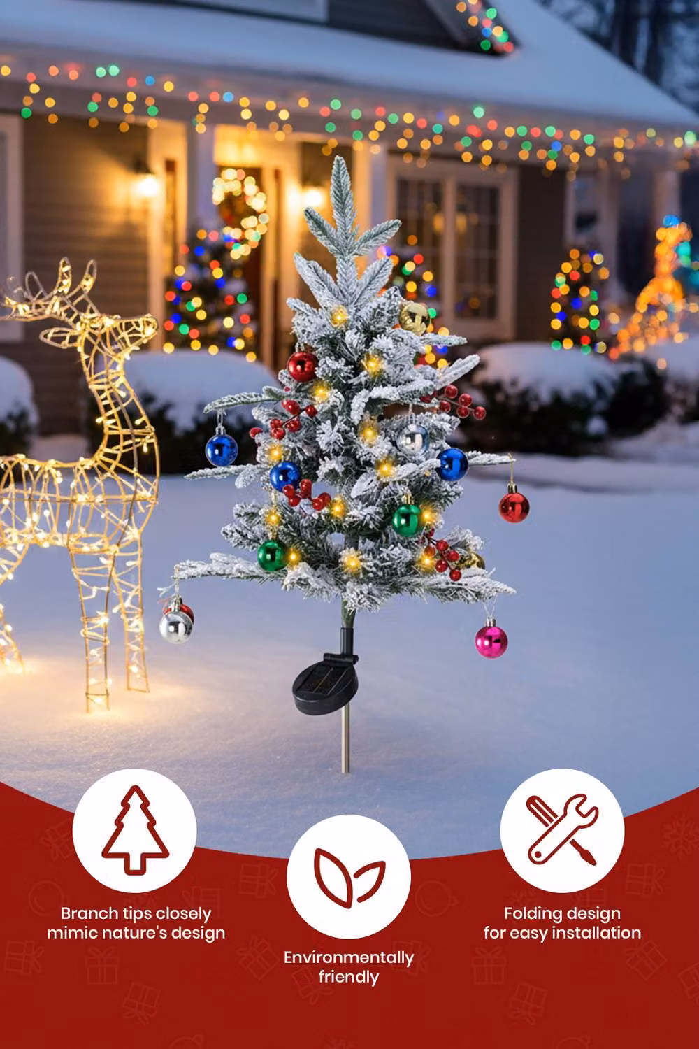 Living and Home 2-Piece Set of Mini Solar-Powered Frosted Outdoor Christmas Trees with Multicolour Lights in Red – 2