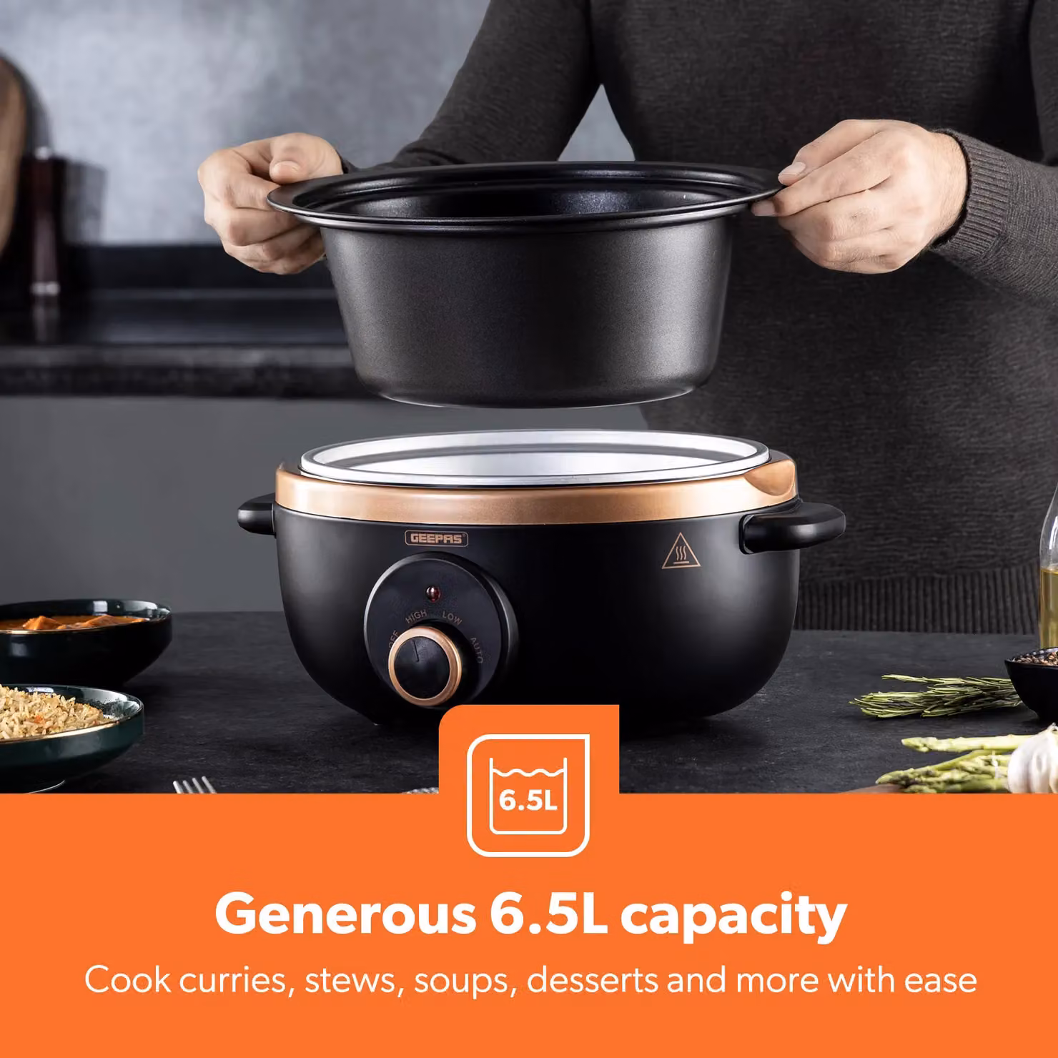 Geepas 6.5L Slow Cooker with 3 Heat Settings and Auto Mode in Black – 3