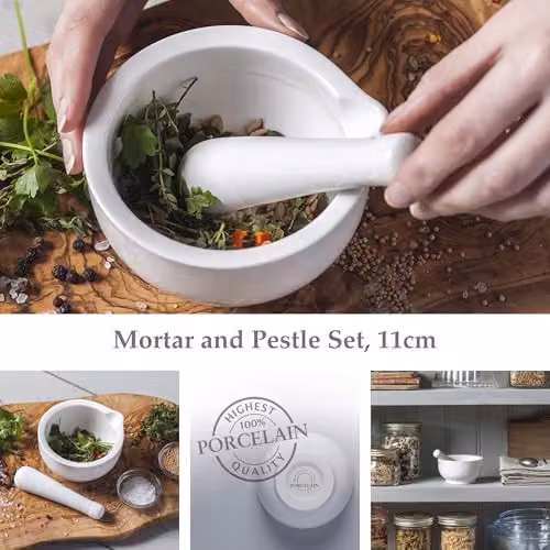 WM Bartleet & Sons White Porcelain Mortar and Pestle Set with Pouring Spout, 11 cm – 2