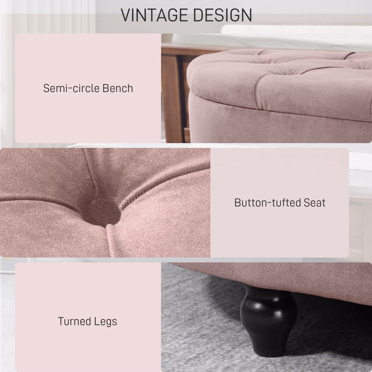 HOMCOM Semi-Circle Bed End Bench Ottoman with Storage, Tufted Upholstered Accent Seat and Rubberwood Legs, Pink, W: 120 cm, D: 42 cm, H: 42 cm – 6
