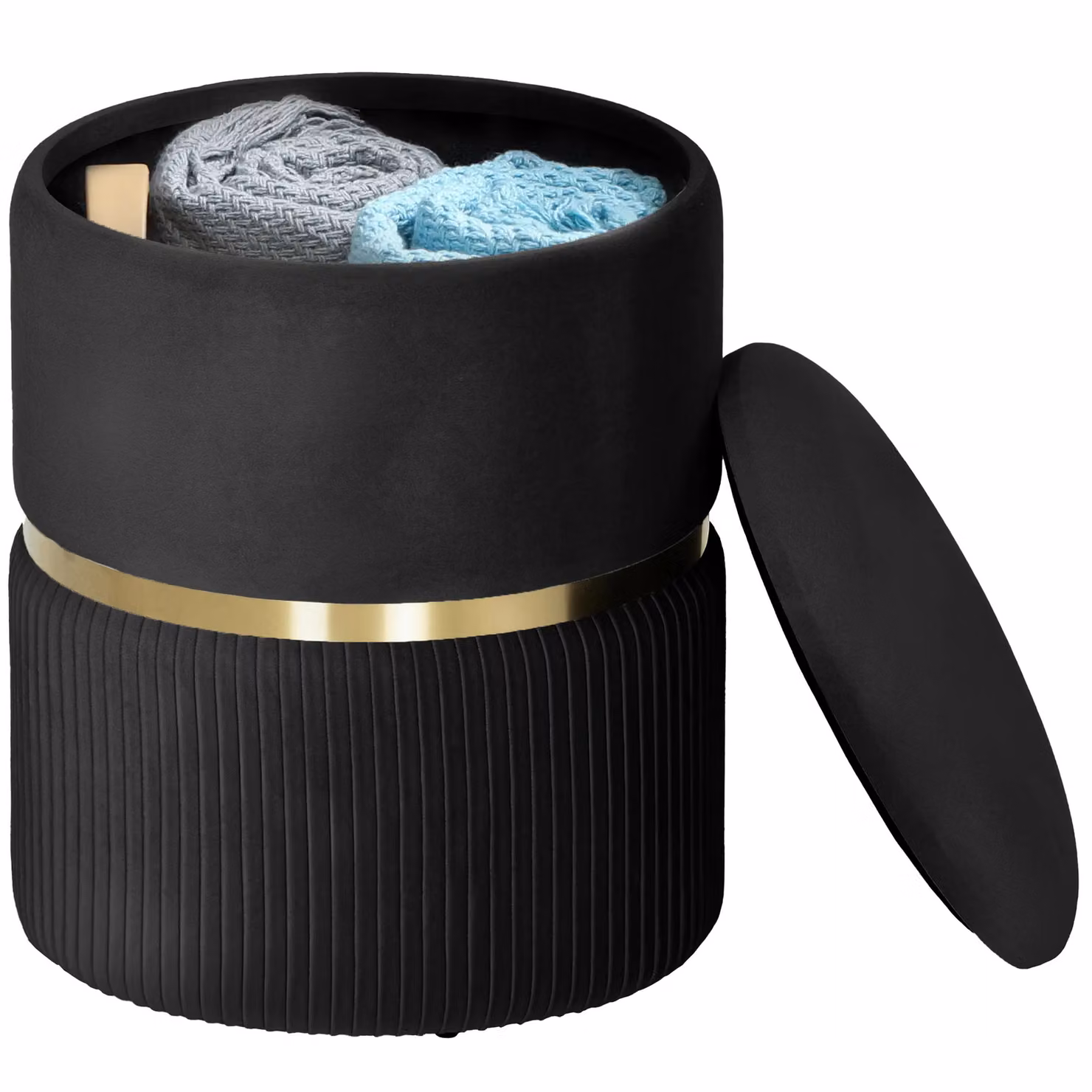 HOMCOM Round Velvet Storage Pouffe and Footstool in Black – 2