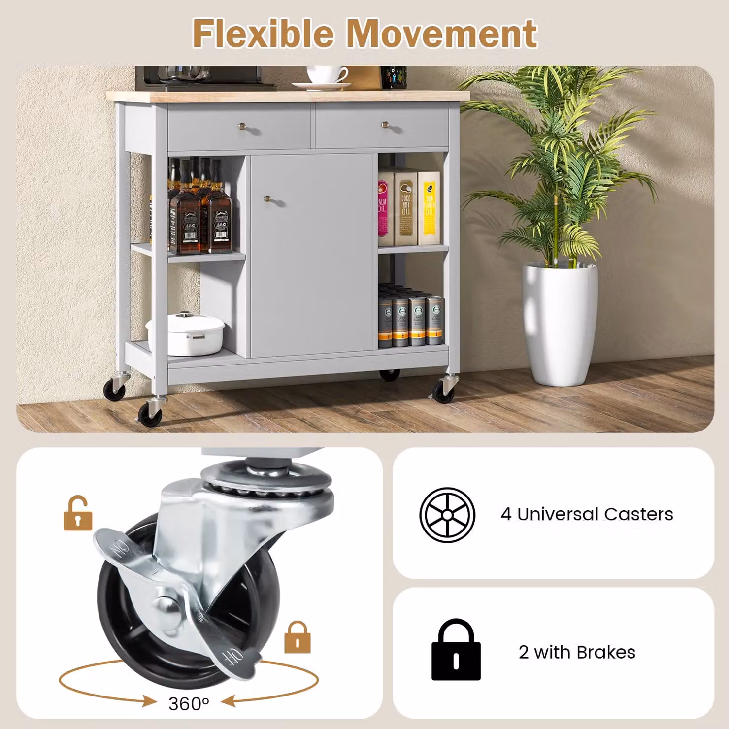 Costway Grey Kitchen Trolley Cart with Rubberwood Top and Cabinet – 5