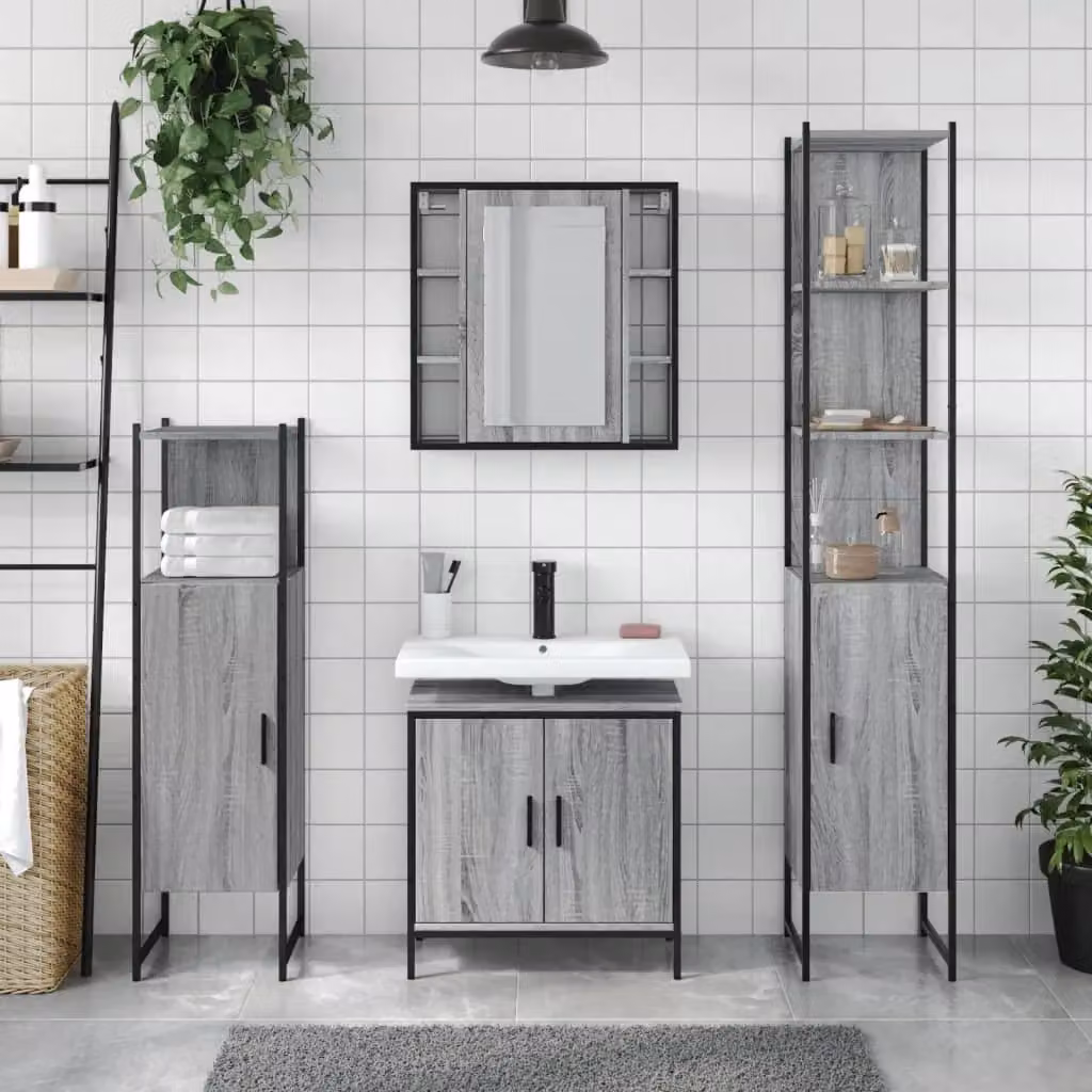 Berkfield Home 4 Piece Grey Matt Freestanding Bathroom Cabinet Set – 2