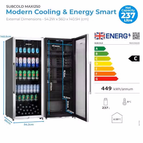 Subcold MAXI250LED Upright Drinks Fridge with Stainless Steel Glass Door, 237L Capacity, Lockable and LED Interior Light, Silver – 3