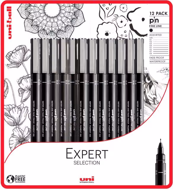 Uniball Black Fineliner Drawing Pens, Pack of 12
