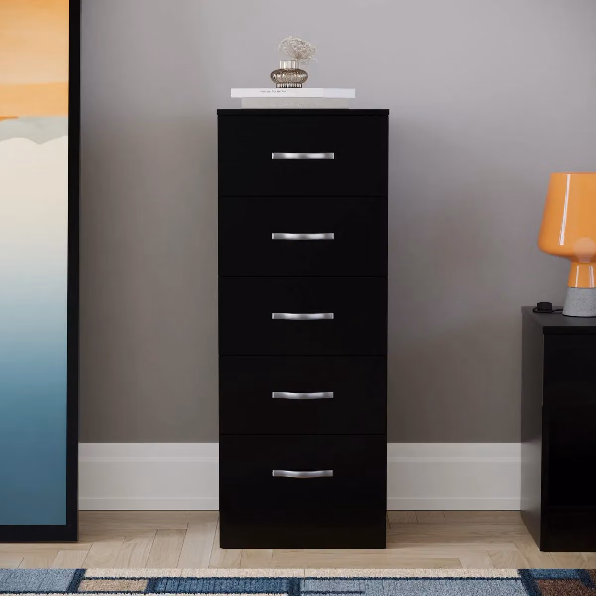 Vida Designs Riano 5 Drawer Narrow Chest Storage in Black – 3