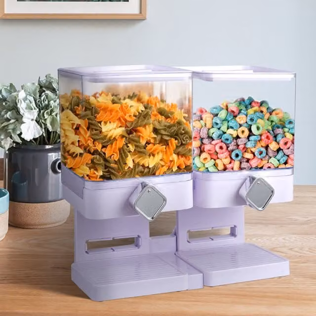 Livingandhome Dual Cereal Dispenser with Airtight Glass and Plastic Containers in White and Transparent