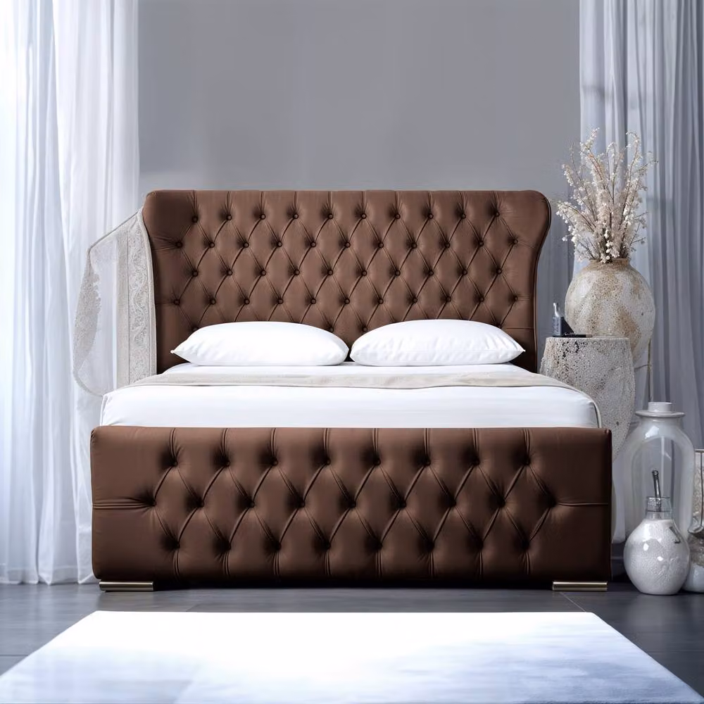 UK Bed Furniture Isabella Upholstered Slatted Base Bed with 48 Inch Wingback Headboard in Brown, Size: Double (W/D/H: 140 x 200 cm) – 2