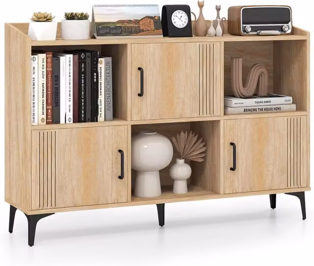 Costway Mid-Century Brown Striped Sideboard Storage Cabinet and Buffet Table