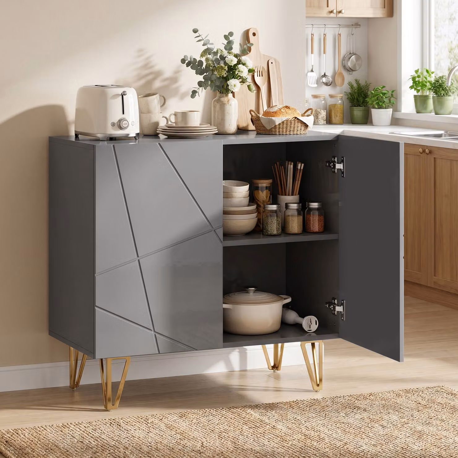 HOMCOM Modern Luxe High Gloss Grey Sideboard with Gold Hairpin Legs – 5