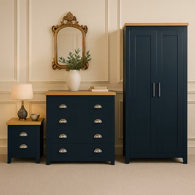 Birlea Highgate 4 Piece Wooden Furniture Set in Navy Blue with Silver Accents
