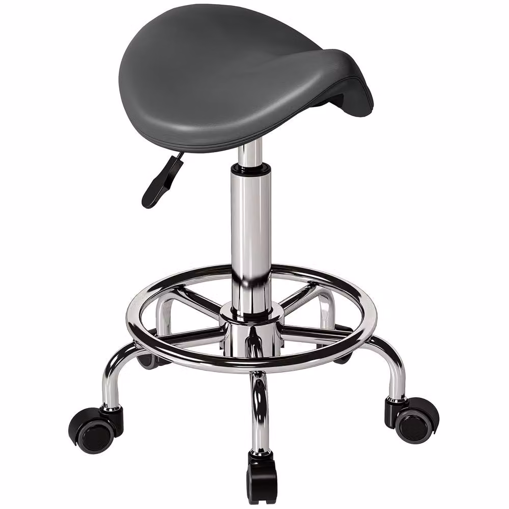 STILVORA Grey PU Leather Saddle Stool with Adjustable Height and Castors – 4