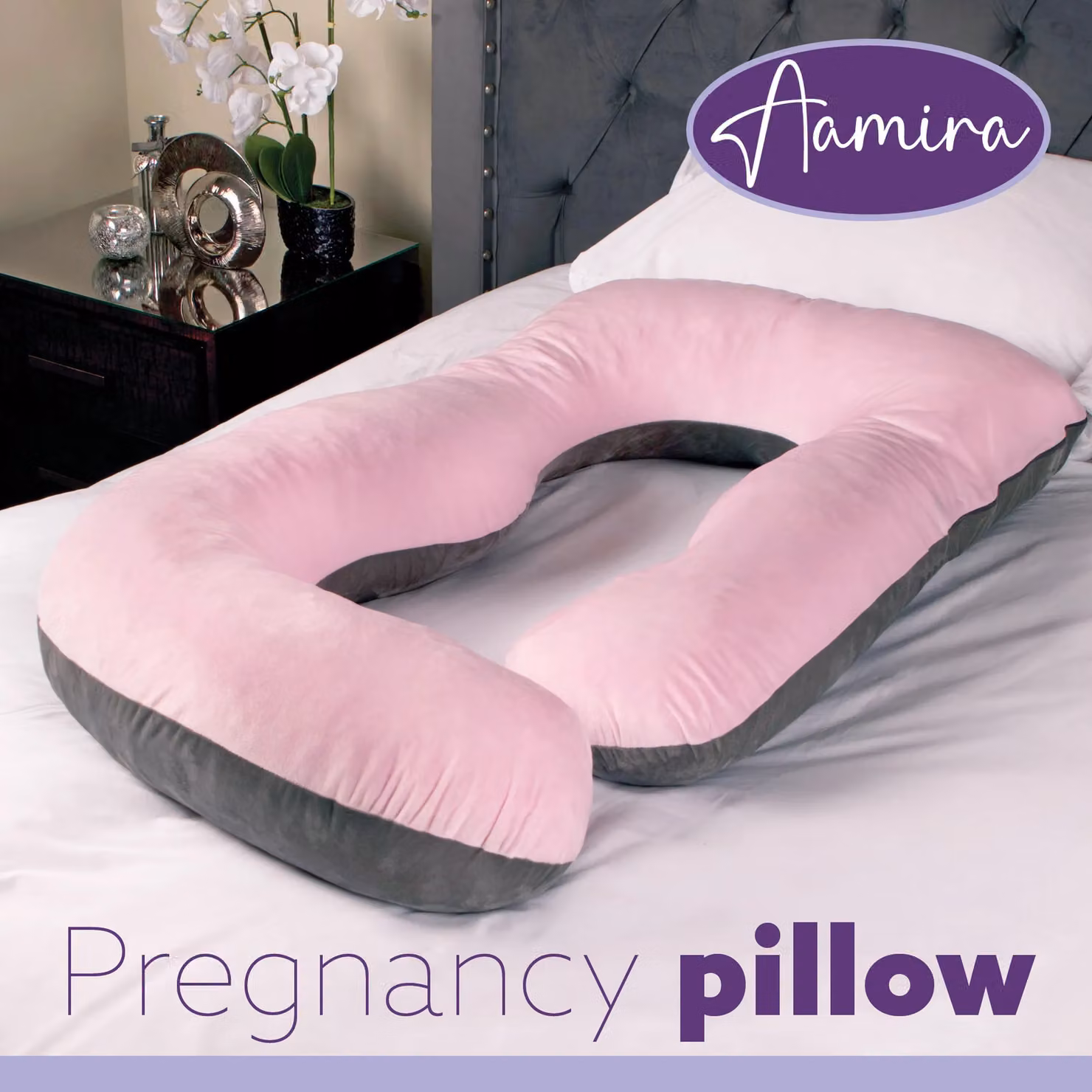 Aamira J Shaped Pregnancy Pillow in Pink and Grey Velvet with Shredded Memory Foam, W/D/H: 140 x 70 x 20 cm – 9