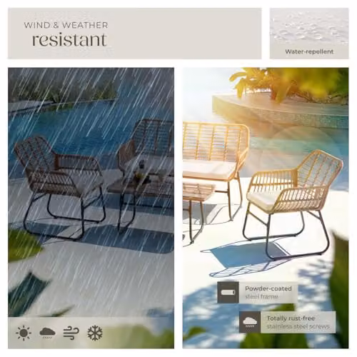 tectake 4-Piece Rattan Garden Furniture Set in Sand and Brown with 2-Seater Sofa, Lounge Armchair, Coffee Table and Upholstered Cushions – 3