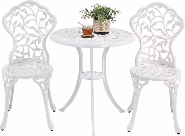 KORVIXA White 3 Piece Antique Bistro Dining Set with Floral Metal Design, W/D: 100 x 100 cm